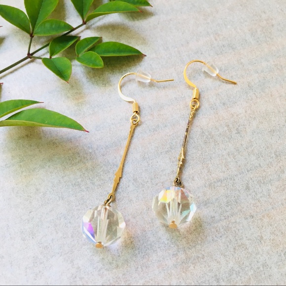 12K Gold Filled Posts Iridescent Crystal Bean Minimalist Dangle Earrings - Picture 1 of 7